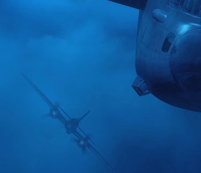 Like a shark rising from the depths of the abyss, a Luftwaffe Junkers Ju88 night fighter, with Lichtenstein radar array, emerges from the cloud, vectored to its prey by radar. The threat posed by this aircraft is enhanced all the more by the lesser detail given this subject. Forkasiewicz could easily have modelled the Ju88 in similar detail, but the mind in reality would see it as a threat, a blur, a dark evil in the night sky, but not a perfectly detailed object. Mere seconds after this, the night sky erupted into a lurid, running gun battle with gunners hosing each other with deadly cannon fire and the darkness blossoming with fire light and death. Detail from Incoming Threat by Piotr Forkasiewicz