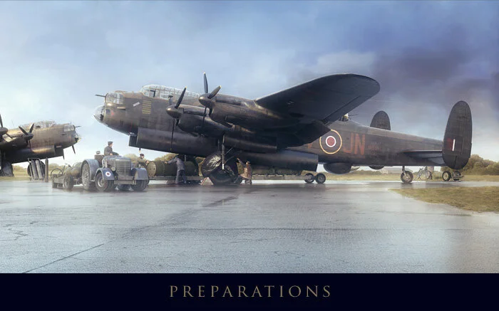Ake ake kia kaha (“For ever and ever be strong”, the Maori motto of 75 New Zealand Squadron RAF)—Of course, not all of Forkasiewicz’s digital paintings depict moments of desperation and death. In his almost pastoral work, entitled Preparations, the artist tells us volumes about the pre-operation activity and the English weather. Commissioned by members of the families involved, and appearing in Memorial Flight, the journal of Lincolnshire’s Lancaster Association, just this year (2014), Preparations features Lancasters of 75 (New Zealand) Squadron, Royal Air Force “bombing up” at RAF Mepal in Cambridgeshire prior to a daylight raid on Dortmund on 17 November 1944. A winter storm has just blown through, the dark clouds moving off after having dropped heavy rain on the bomber hardstands at Mepal. The crew of Lancaster ND911, the central subject of Preparations, was shot down two days later with the loss of most of the crew: Pilot, Flying Officer P.L. McCarten, RAAF (aged 29); Navigator, Pilot Officer J. Miles, RAF (aged 35); Bomb Aimer, Flying Officer L.A. Martin, RAF (age unknown); Wireless Operator, Flight Sergeant P.F. Smith, RAAF (aged 20); Flight Engineer, Sergeant W.A. Warlow, RAF (aged 30); Mid-Upper Gunner, Sergeant D.G.A. Bryer, RAF (aged 19) and Rear Gunner, Sergeant J. Gray (age unknown and the only survivor). Preparations by Piotr Forkasiewicz