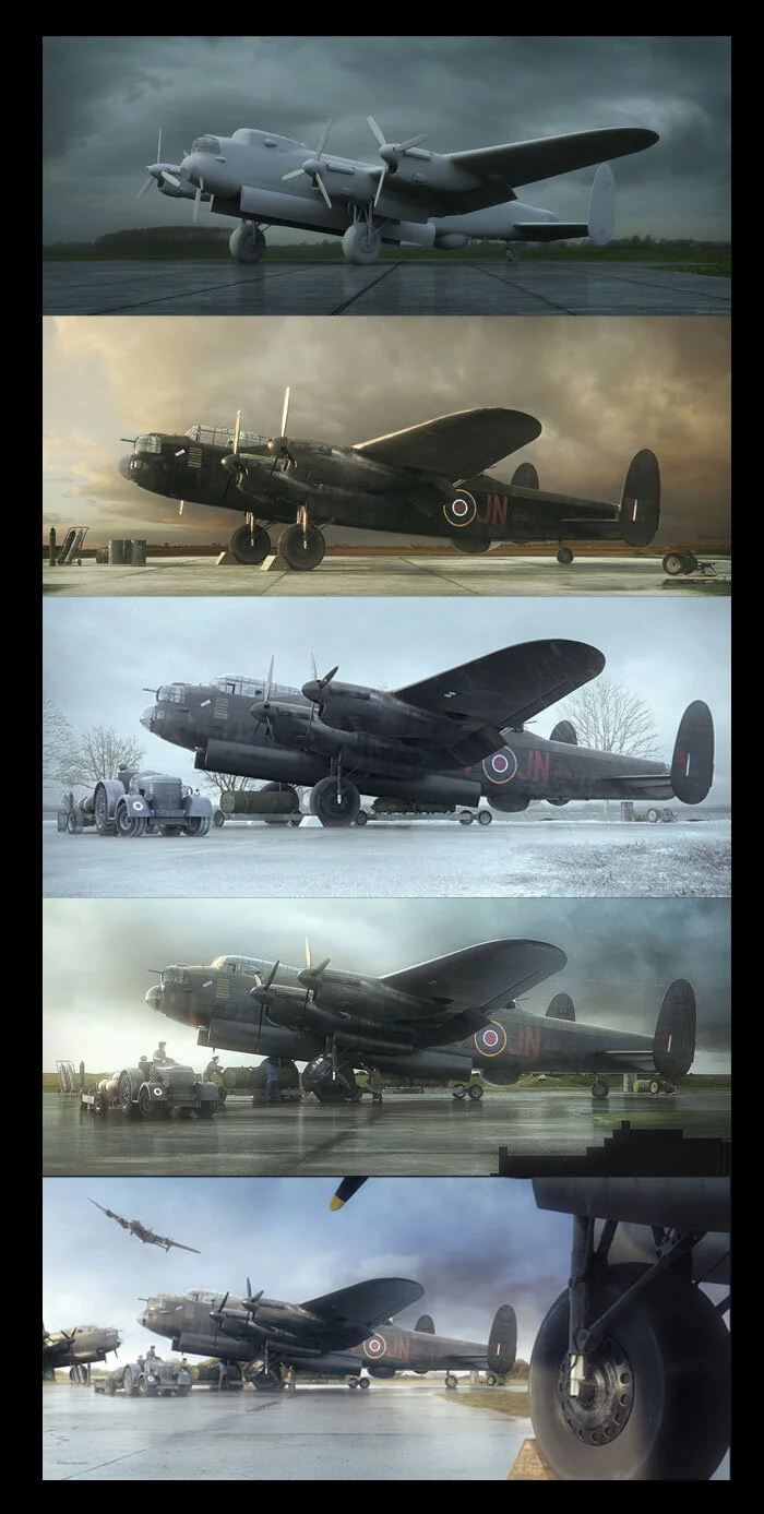 Through a series of five studies, Forkasiewicz determines the eventual structure and composition of the final artwork, from a simple massing model without texture for positioning to tests for weather in November at Mepal to a close approximation of the final work known as Preparations. The bottom study added a Lancaster in the immediate foreground and a Lanc doing a flyover in the far distance. Once looking at this Forkasiewicz could see the overly cluttered nature of the composition and opted for a more simple depiction. Images by Piotr Forkasiewicz