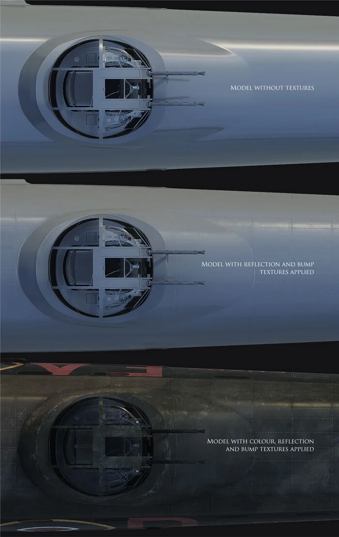 Though perhaps these three images make an oversimplification of the process, it demonstrates the complexities and detailed work employed by Forkasiewicz to create his emotional artwork from an underlying mathematical computation. To view more of the artist’s process visit the CG Society Website. Details of mid-upper gun by Piotr Forkasiewicz