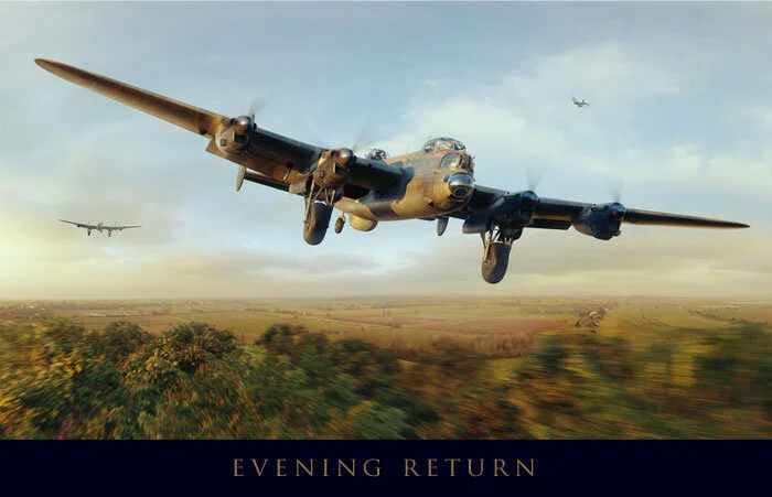 The digital artwork entitled Evening Return portrays the same Lancaster (JN-V) as in the previous sequence, but at a happier time, long before her demise in mid-November of 1944. It’s a summer evening and the sun is low in the horizon, casting horiz…