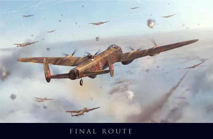 In the commissioned work Final Route, a large formation of Lancasters from 156 Squadron, Royal Air Force, fly steadfastly through heavy flak as they approach Hamburg, Germany. The scene is late in the war, when the Royal Air Force took on more dayli…