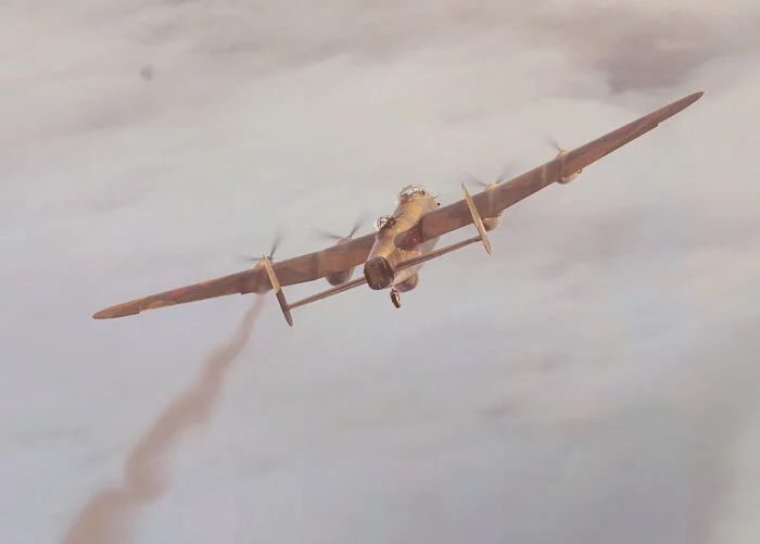 In a detail from Final Route, Forkasiewicz depicts a distant Lancaster beginning a long slide from her place in the bomber stream as her crew battles a fire in her port outer or Number 1 Merlin engine. On this mission to bomb Hamburg, 156 lost two Lancasters, the third and second last losses of the war for the squadron. In addition to the featured Lancaster PB517, the unit lost Lancaster GT-B (PB468). The aircraft came down 4 miles from the Hamburg aerodrome, with all seven aboard killed. Detail from Final Route, by Piotr Forkasiewicz