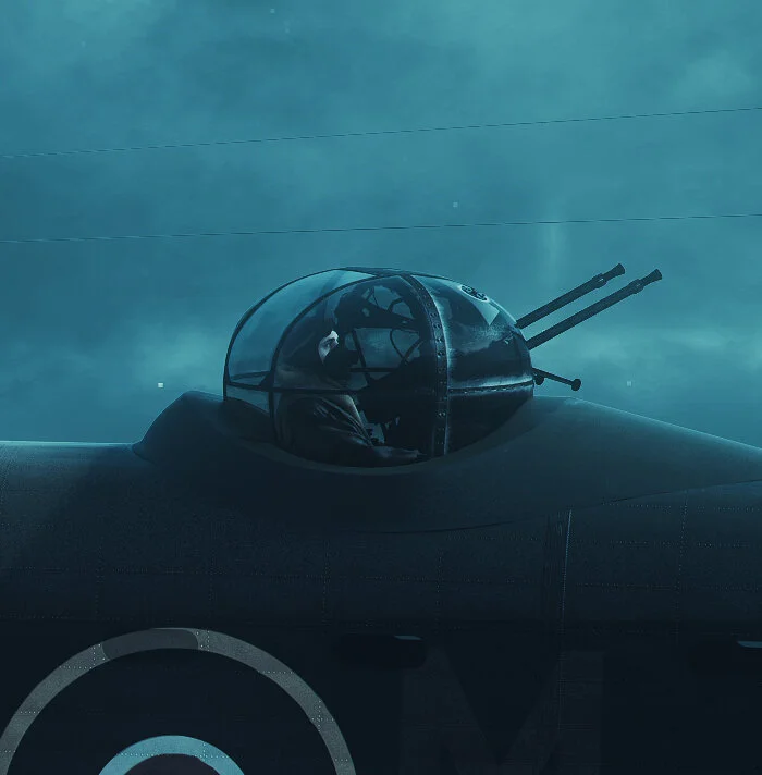 One can only imagine the memories of starlit nights, ghostly clouds and crowded skies that aircrew of Bomber Command aircrew took home with them if they survived. Here, a depiction of Mid-Upper Gunner, Sergeant Frederick Ralph Hardy speaks to the surreality of the experience—the accompanying bomber stream, rising and falling on the air currents, clouds moving off to reveal stars rising, lighting the way to danger. Sadly, this night, gunner Hardy and his entire crew were killed when they were shot down over Holland en route. Detail from In God’s Keeping by Piotr Forkasiewicz