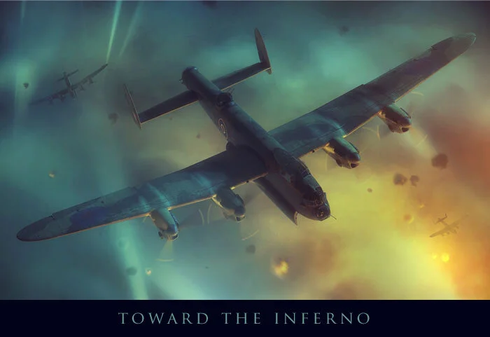 Forkasiewicz’s composition entitled Toward the Inferno depicts 166 Squadron RAF Lancaster AS-J2 (LL749), driving through flak and searchlights, having dropped her payload on the German city in the central Ruhr valley. The digital painting depicts the RAF Kirmington-based LL749 on the night she was lost. 166 Squadron lived by their motto: “Tenacity” and in particular, the crews of the hard luck aircraft coded AS-J2. On 27 March 1944, Lancaster AS-J2 (LL749), pictured above, was lost over Essen. One month later, on 27 April 1944, her replacement, Lancaster AS-J2 (ND825), was shot down over Friedrichshafen. On the night of 5 May 1944, Lancaster ME806 was also lost over Pauillac, France. On 2 February 1945, Lancaster AS-J2 (ME648) was lost over Bruchsal, Germany and then a few weeks later, AS-J2 (PB153). In addition, the squadron also operated Lancasters with code AS-J—losing a number with that aircraft code, including ME647 and DV220. Toward the Inferno by Piotr Forkasiewicz