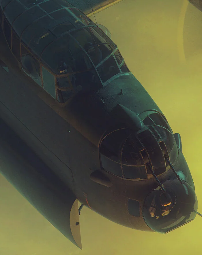 A close-up of the nose of AS-J2 focuses on her Bomb Aimer, Sergeant A.G. Coney, the only survivor from the loss of the aircraft, as, lit by the lights below, he opens the bomb doors and gets set to drop his bomb load. Detail from Toward the Inferno by Piotr Forkasiewicz
