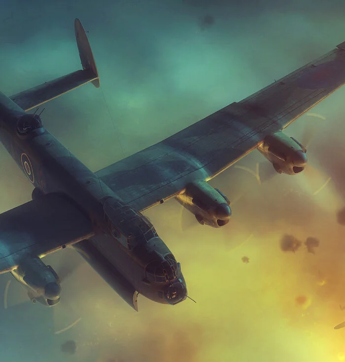 Combining the ghostly blue from searchlights on the left with the raging inferno of Essen below, an apocalyptic hue is created, moving the scene into the realm of the surreal. Under the aircraft code AS-J2, some 35 men lost their lives or became POWs. On this night, the men included Pilot, Flight Sergeant V.L. Perry; Flight Engineer, J.J. McInroy; Bomb Aimer, Sergeant A.G. Coney; Navigator, Flight Sergeant L.V. Woodfield; Wireless operator/Gunner, Flight Sergeant M.D. Williams; Mid-Upper Gunner, Sergeant A.W. Gowland; Rear Gunner, Sergeant W. Harris. Detail from Toward the Inferno by Piotr Forkasiewicz