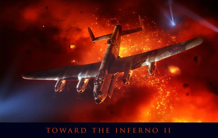 Forcasiewicz created two separate visions of the 166 Squadron attack on the Ruhr city of Essen and Lancaster AS-J2. This one relies mostly on the raging fires below to light the scene, but the Lanc and the Perry crew are still coned by a searchlight…