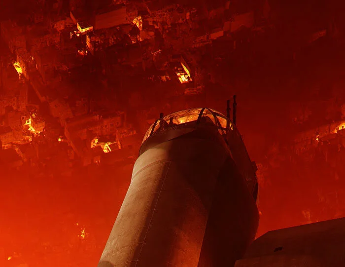 As the doomed bomber AS-J2 departs Essen, her Rear Gunner, Sergeant Harris, is afforded a surreal and frightening view of hell unleashed. Detail from Toward the Inferno II by Piotr Forkasiewicz