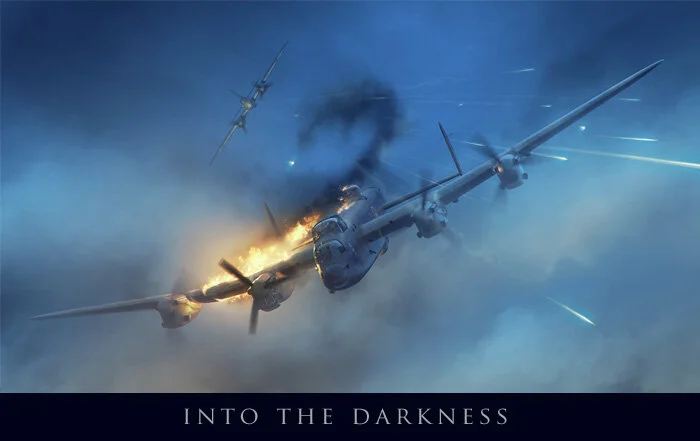 One of the most dramatic of Forkasiewicz’s works is Into the Darkness, a powerful depiction of an attack on the largely Canadian crew of Lancaster BH-U “Uncle” (LM178), a 300 Squadron Lanc brought down by a Junkers Ju88 night fighter over the French city of Orléans on the night of 24–25 July 1944. The crew for this mission were Pilot, Pilot Officer William Robinson, RCAF; Flight Engineer, Sergeant Ernest Morter, RAF; Bomb Aimer, Flying Officer James Duguid, RCAF; Navigator, Flying Officer C.M. “Jo” Forman, RCAF; Wireless Operator/Air Gunner, Sergeant Leslie Page, RAF; Mid-Upper Gunner, Sergeant James Rheubottom, RCAF and Rear Gunner, Sergeant Samuel Dunseith, RCAF. Into the Darkness by Piotr Forkasiewicz