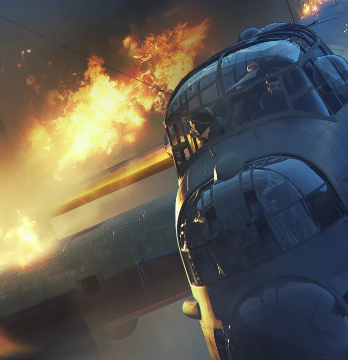 It doesn’t get any more dramatic than this detail. The starboard wing takes heavy hits from the night fighter’s cannon and bursts into a blowtorch of burning fuel and begins its rapid collapse. We see Flight Engineer Morter, craning his head in disbelief as the wing breaks apart before his very eyes. The light work in this particular piece is nothing short of astonishing. Detail from Into the Darkness by Piotr Forkasiewicz