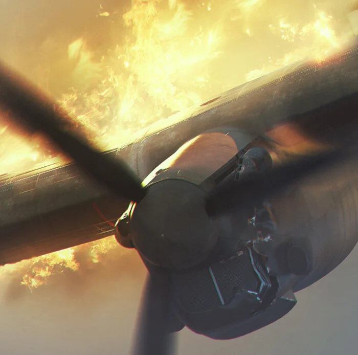 The magic lies in the details—shot away engine cowl, damaged radiator and a Merlin beginning to lose power. Detail from Into the Darkness by Piotr Forkasiewicz