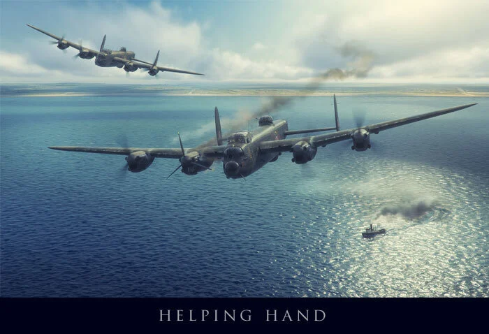 From the hopeless to the hopeful, not all of Forkasiewicz’s artworks depict the final and dramatic moments of a Lancaster. In Helping Hand, two Lancasters of 156 Squadron thunder low, past the Dutch coast and on over the North Sea. The lead Lancaste…