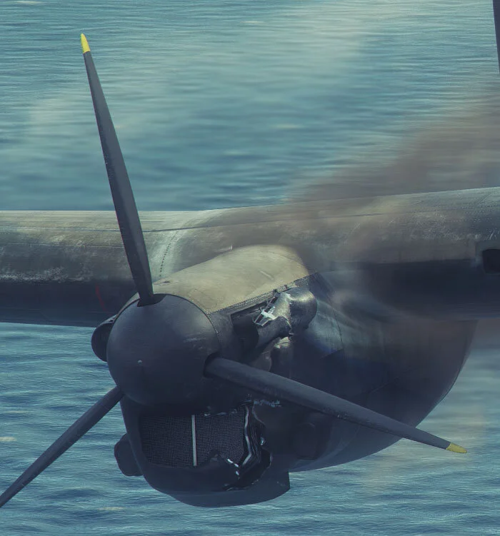 Black sooty smoke emanates from the damaged and feathered No. 3 engine. The story of a 156 Squadron Lancaster returning on three engines from a raid on Kleve is correct, but information contained on the 156 Squadron history website indicates that, while Pope’s crew was part of this raid, it was the squadron CO, Wing Commander Bingham-Hall’s aircraft (PB507) that was hit in one of its engines and forced to fly home on three engines after completing its Master Bomber duties as a Pathfinder leader. The website also indicates that it was the port inner engine and that the aircraft returned unaccompanied. All this being said, it is still possible that this happened to Pope in the manner it is portrayed and regardless, the image is a masterpiece in my mind. Detail from Helping Hand by Piotr Forkasiewicz