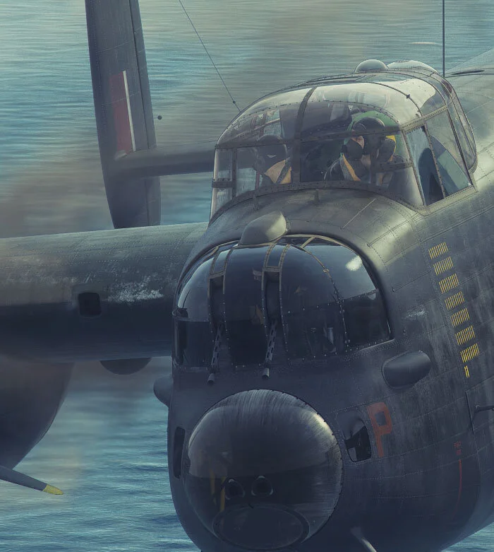 The Flight Engineer looks back to find the shepherding Lancaster while the pilot anxiously watches the still smoking engine. The Lancaster displays an astonishing 72 completed sortie markings on her fuselage, and commensurate wear on her wings. Detail from Helping Hand by Piotr Forkasiewicz