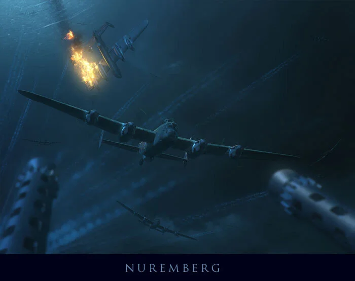 One of Forkasiewicz’s, and in fact any digital artist’s, formidable tools is the ability to put the viewer in any spot to watch the action. In the previous piece, we took the vantage point of the pilot getting uncomfortably close to a bomber as she is about to drop her load. Here, we take the particularly voyeuristic view of the lonely rear gunner watching with dread as seven of his friends struggle to get out of a burning Lancaster over Nuremberg on the night of 30–31 March 1944. No detail is left uninvestigated... even the crazing of the rounded Perspex turret in the upper left corner. The focus is on the middle ground Lancaster, while the dying Lanc seems to drop into the scene. Nuremberg by Piotr Forkasiewicz