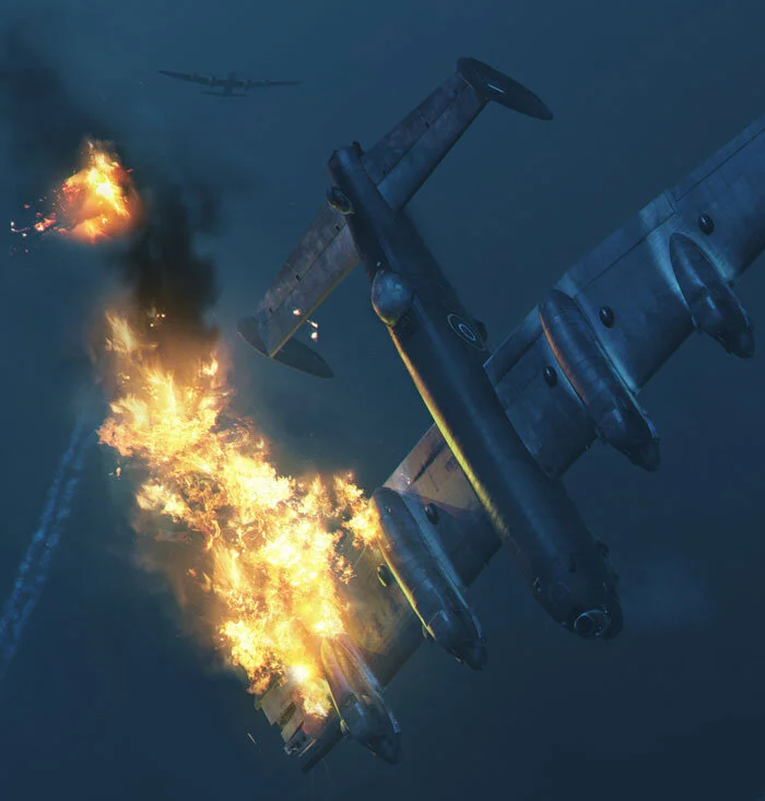 The artist’s technique for and ability with depicting fire is second to none. Most of his paintings have a grim, tragic reality to them, both dreamy and apocalyptic at the same time. This is largely the result of Bomber Command Lancasters being depl…