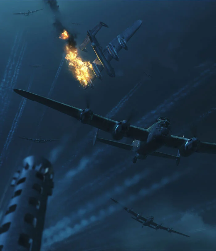 One can read a lot from each of Forkasiewicz’s digital paintings. As the Lancaster rolls to port to its death, the Lanc in the lower right banks to the left as well to clear out of its path. Detail from Nuremberg by Piotr Forkasiewicz