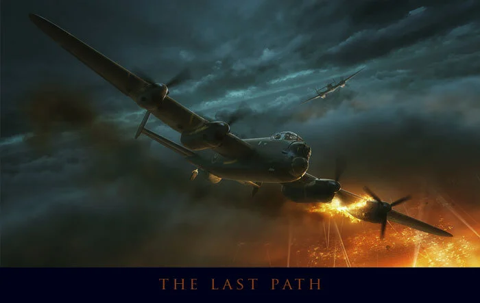 In this dramatic encounter over Mannheim on 23 September 1943, Lancaster OF-P (JA708) of 97 Squadron RAF is set on fire by an attacking Messerschmitt Bf110 night fighter. Flying out of RAF Bourne in Lincolnshire, the aircraft was brought down with three killed. It is interesting to note that it is frequently the case that with a Lancaster brought down by a rear attacking night fighter, the two gunners fail to make it out of the aircraft—either dead or wounded in the gunfight, or unable to extract themselves from their positions. On this fateful night over Mannheim, the crew of OF-P was: Pilot, Flight Lieutenant Robert Fletcher, RAFVR (POW, age unknown); Flight Engineer, Flight Sergeant Joe Nelson, RAFVR (POW, age unknown); Navigator, Squadron Leader Kenneth Foster, DFC and Bar, RAFVR (Killed, aged 26); Bomb Aimer, Flight Sergeant Jack Beesley, RAFVR (POW, age unknown); Wireless Operator/Gunner, Pilot Officer Wally Layne, RAFVR (POW, age unknown); Mid-Upper Gunner, Squadron Leader Robert McKinna, DFC and Bar, RAFVR (Killed, aged 33); and Rear Gunner, Flight Sergeant Henry Page, RAFVR (Killed, aged 20). It is interesting to note that the navigator was a Squadron Leader as well as the mid-upper gunner—both with two DFCs. This makes sense for the nav, as this was a Pathfinder Squadron and the navigators were the most experienced in the RAF. It is rare indeed to find a gunner as a Squadron Leader with two DFC ribbons on his uniform, rare indeed. Detail from The Last Path by Piotr Forkasiewicz