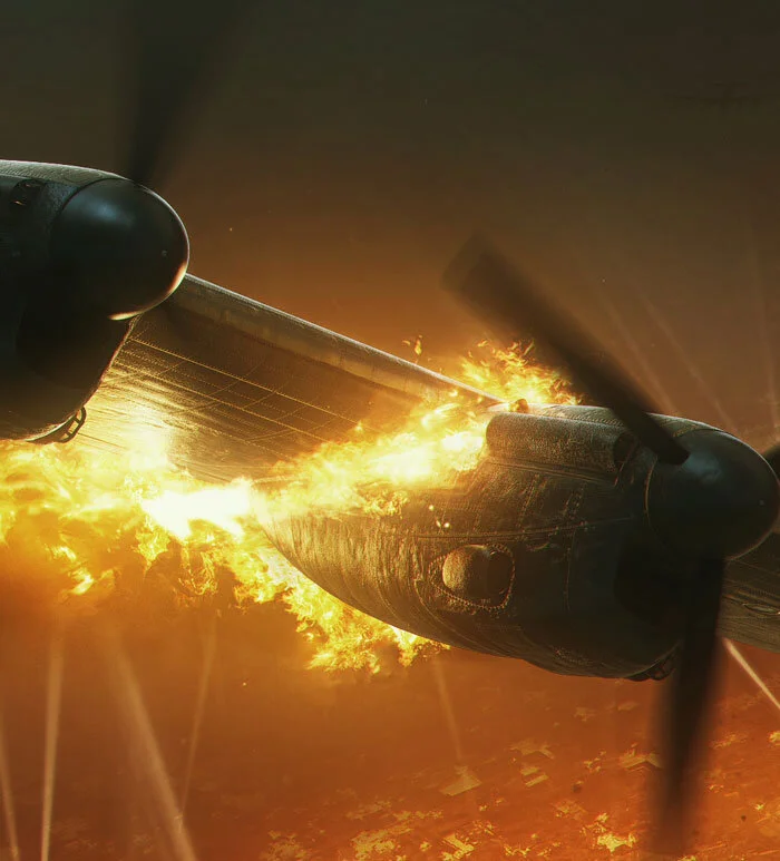 There is not much one can add to this spectacular image of a dying engine, a dying city below, and searchlights probing the night sky. Detail from The Last Path by Piotr Forkasiewicz