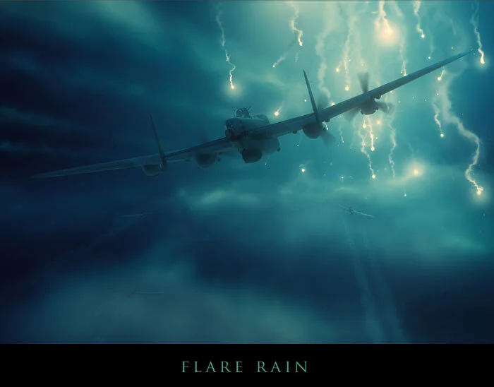 Some of Forkasiewicz’s works have a powerful surreal, even submarine quality to them and they lead one to think about the visions that would burn into the memories of aircrew who witnessed these images. We tend to think of night raids as thundering aircraft in total blackness save for the fires they have started, but a sortie would in fact present a series of very powerful visual stimuli such as flying through a rain of flares over Nuremberg. On this night, the Germans tried a new technique by dropping numerous flares to light the bomber stream as it headed towards the target. This piece is of no specific aircraft and it was published in Memorial Flight, the journal of Lincolnshire’s Lancaster Association in 2014. Flare Rain by Piotr Forkasiewicz