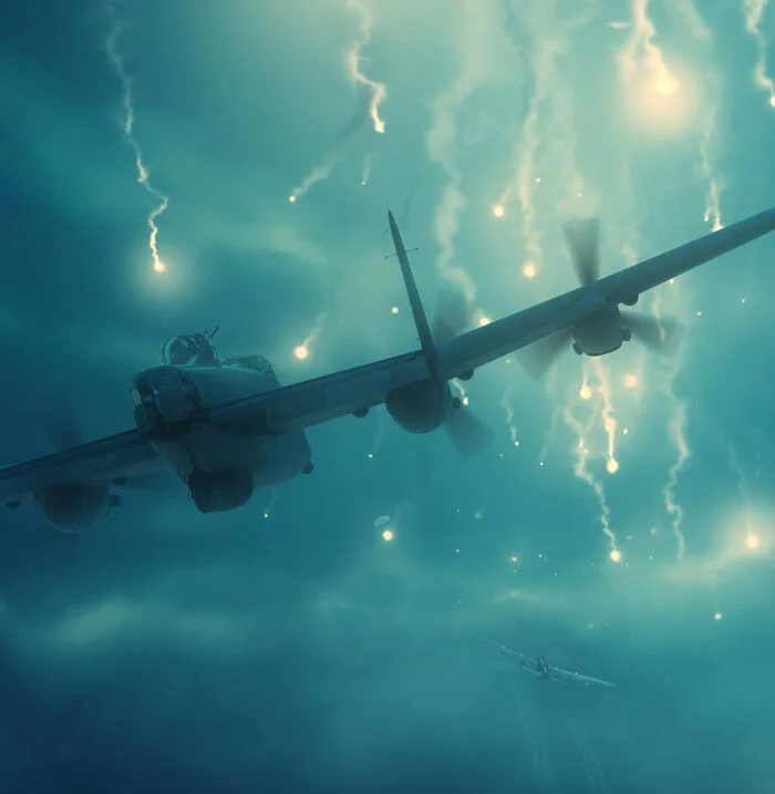 Homing in on the Pathfinder flares, the Lancaster crews enter a world of uncertainty marked for them by the RAF’s best navigators. Detail from Flare Rain by Piotr Forkasiewicz