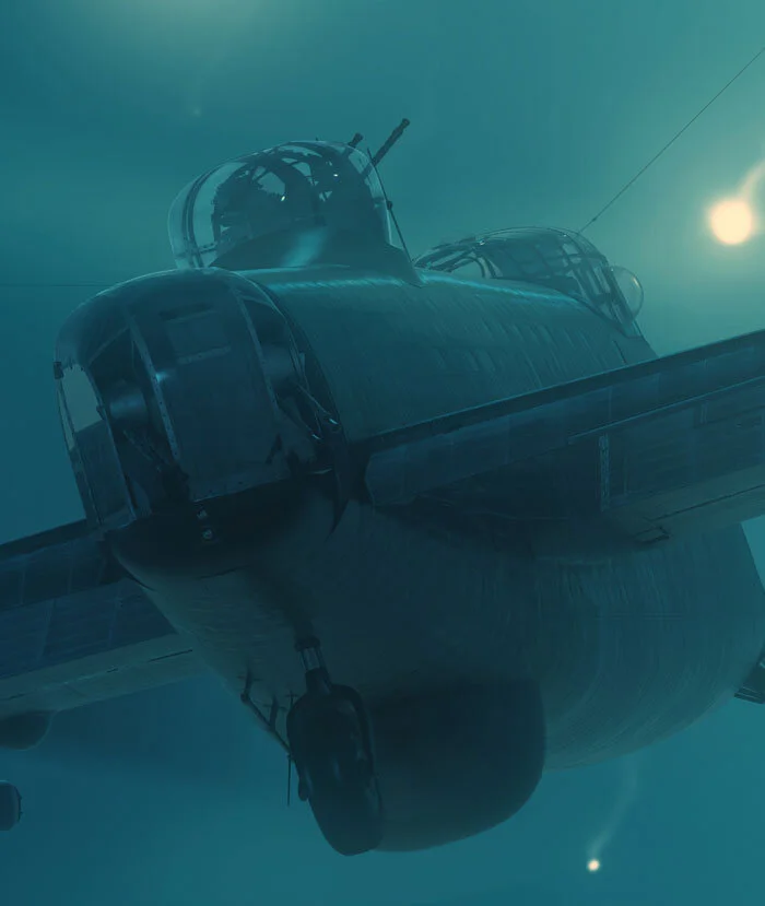 Looking for all the world like a U-boat slipping through some aquatic murk, populated by phosphorescent and ancient jellyfish, Forkasiewicz has created a terrifying beauty, perhaps one from an alien world. But on contemplation, one realizes that surreality, alienation, apocalypse, danger, loss and the silence of loneliness in a thundering world were the travelling companions of Bomber Command aircrew on the long and dark nights of the Second World War. The artist has allowed us just a glimpse of the insanity and the beauty. Detail from Flare Rain by Piotr Forkasiewicz