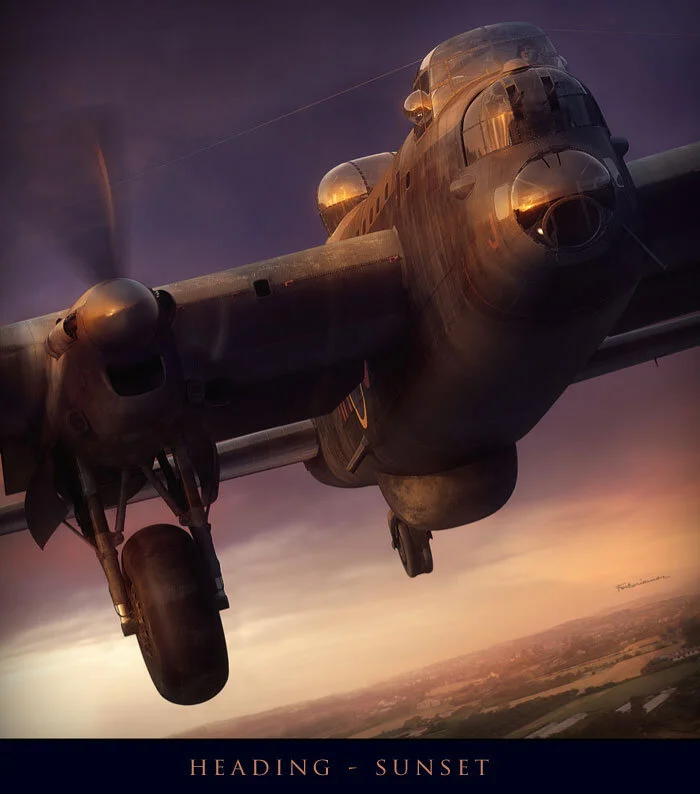 Wheels down, flaps lowered, power coming down, a Lancaster comes home over England. Forkasiewicz uses real photographs of rural settings and urban streets in his works, relighting them and sampling details from other sources to create a reality from constituent parts. Heading - Sunset by Piotr Forkasiewicz