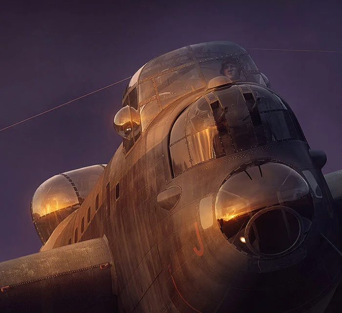 This digital artwork was commissioned for the cover of a military magazine. As with all of Forcasiewicz’s works, I love to dive in and look around, searching for new details that amaze. In this case, I was first drawn to the face of the Lanc’s pilot, as he sits up high for a look over the nose towards his home airfield. The wear on the aircraft’s wings and the sunset reflected in the nose blister draw one in. Detail from Heading - Sunset by Piotr Forkasiewicz
