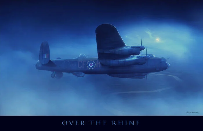 625 Squadron Lancaster CF-H, (LM512) slips through cloud alone over the Rhine River valley on a moonlit night. LM512 and its 8-man crew were lost on a mission to Frankfurt on the night of 12–13 September 1944. It was not clear in after action report…