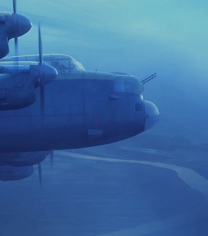 The crew of LM512 banks left towards an oxbow in the Rhine River, a valley of incredible danger for the crew of a Lancaster bomber. The 8-man crew, one larger than the normal complement was what the RAF called a “Second Dickey” flight. On a “Second Dickey” flight, a rookie pilot arriving on squadron with his new crew, would make his first flight as a Second Pilot with an experienced crew to see how they operate and to get blooded, while his crew stayed behind. LM512 was lost on the Frankfurt raid, the crew was made up of: Pilot, Flying Officer Howard Cornish, RAAF (aged 21); Second Pilot, David Tointon, RCAF (aged 21); Flight Engineer, Sergeant Charles Ross, RAFVR (aged 37); Navigator, Flight Sergeant Richard Askie, RAFVR (aged 20); Bomb Aimer, Sergeant Ronald Evans, RAFVR (aged 21); Wireless Operator/Air Gunner, Flight Sergeant James Douglas, RAAF (aged 20); Air Gunner Sergeant Robert Barker, RAFVR (age unknown); Air Gunner, Sergeant Arthur O’Connor, RAFVR (age unknown). Detail from Over the Rhine by Piotr Forkasiewicz
