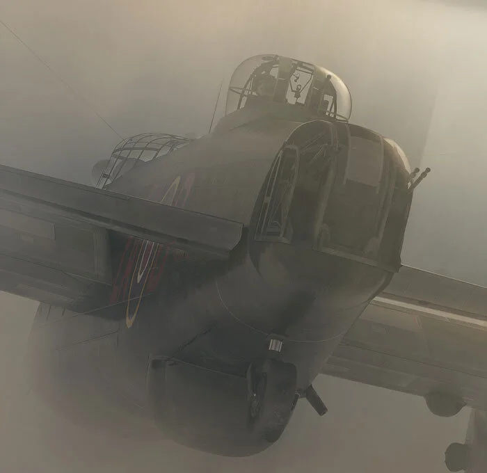 Digitally-based art allows the artist to move his model in space and find perspectives that speak to the scenario. Here, the big bomber slides into the safety of the mists, seemingly glistening with moisture. The compression of space and foreshorten…