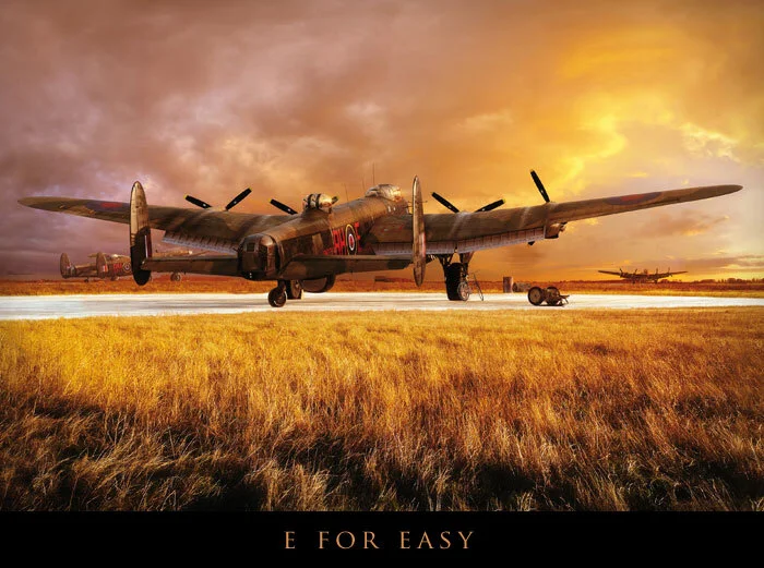 In this bucolic scene we look over a field of fescue, golden in the sunset at possibly RAF Faldingworth, the last airfield occupied by the Mazowiecki—the men of the Land of Masovia bomber squadron. No other group of aviators symbolized courage more than the romantic Poles. Their country had already been swallowed up by the Nazis, but they fought tooth and nail alongside Great Britain and airmen from the Commonwealth to bring an end to the tyranny they knew so well and to stop it from reaching England. Yet... when the war ended, their massive contribution was swept under the carpet by Churchill and other Allied leaders to appease Stalin who wanted all that Poland had to offer. They were not even allowed to march in the victory parade down the avenues of London after the war for fear of angering the Soviet dictator Stalin. Truly one of the more dishonourable political moves of the postwar era. When Forkasiewicz finished this work, he gave a print of it to the still-living bomb aimer from E for Easy, Major Czeslaw Blicharski. E for Easy by Piotr Forkasiewicz