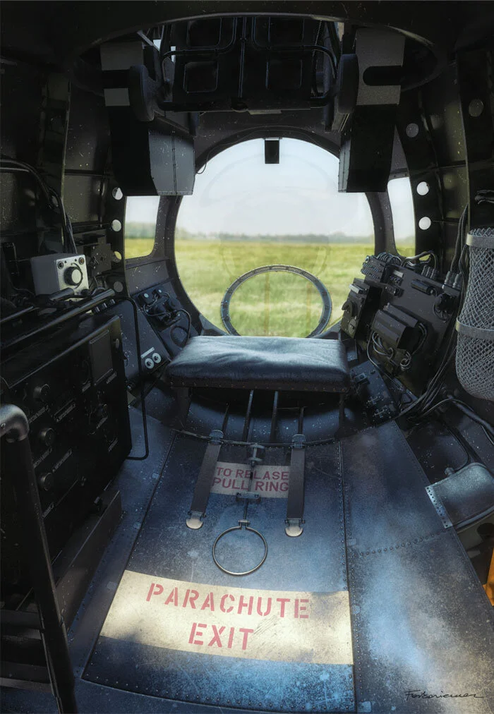 Forkasiewicz’s Lancaster interiors are a tour de force, combining weathering and a clarity that allows us to see and feel the spaces that carried the aviators on their operations in a way that even a photograph cannot do. Here we see the spot where the bomb aimer would lie down to work the bomb sight. Above we see the bottom of the seat where the bomb aimer would sit in to man the forward turret. Interior by Piotr Forkasiewicz