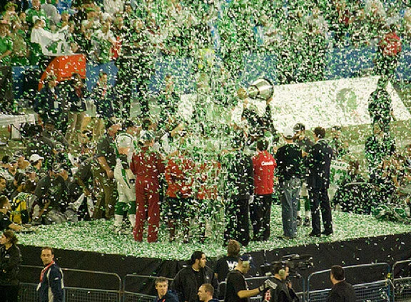With Green and White Rider confetti raining down around him, Rob fought off thoughts of escape. Photo by sjgardiner at flickr.com
