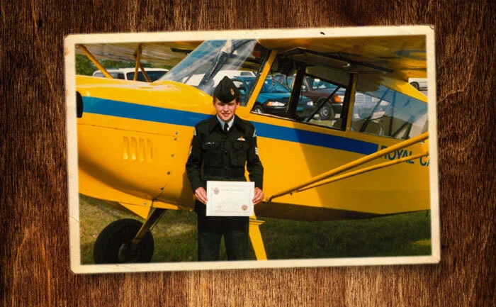 This is right after our wings parade at the Regional Gliding School in 1993, in Penhold, Alberta. I walked across that ramp during the VWC Red Deer deployment and stood where Lt. Col. Bob Patrick pinned on my gliding wings! I kind of always liked the tow planes better, so I think I wanted my picture taken in front of this Scout. This was the last summer that we wore the green uniforms. Photo via Jeff Bell