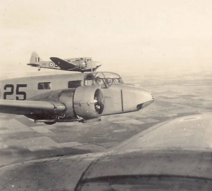 Student pilots from No. 36 SFTS, Penhold, Alberta form up echelon left over the prairie. Here we see the exceptional visibility provided by the cockpit glazing of the Airspeed Oxford. Photo: F/O Ray Morgan, via Nektonic at Flickr