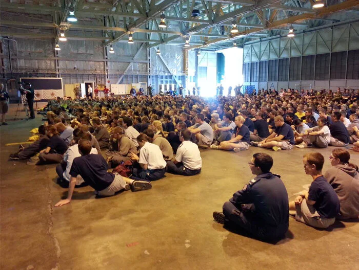 Fertile young minds, eager for inspiration and direction. More than 700 Air, Navy and Army cadets listen intently in a Penhold hangar as Yellow Wings pilot Ron Dujohn, himself a former air cadet and now a Westjet Captain, briefs them on the Yellow Wings program and the mission of Vintage Wings of Canada. Photo: Yellow Wings Stearman Team