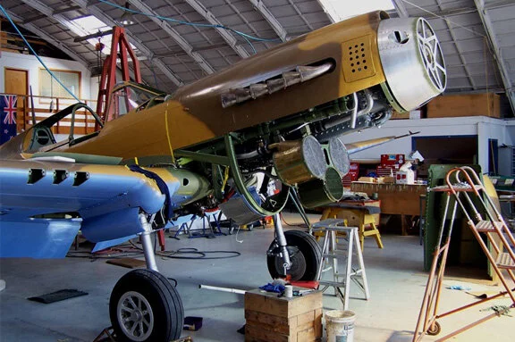 A few months ago, the work was really coming together. Here we saw her for the first time with her camouflage paint. The brass 3-cylinder cooler array can be clearly seen. Photo: Pioneer Aero
