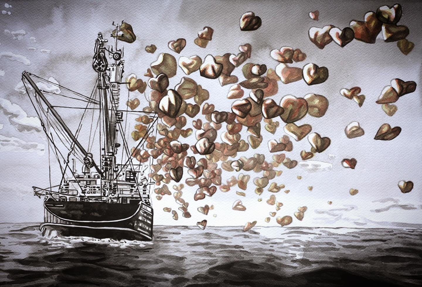 This whimsical ink painting turns a threatening vessel into something light and fun. 

Trawling is a fishing method that uses towed nets to catch fish and other marine species living on or close to the seabed. This image serves as a reminder of how h