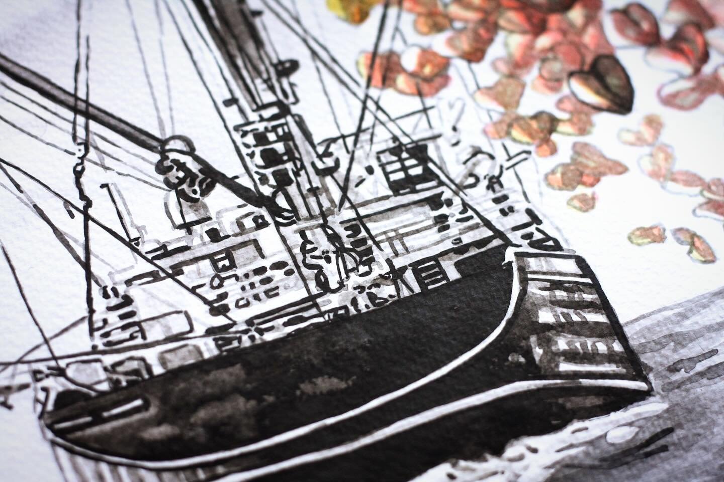 Oh, ship! 

Within my Ocean Noir series, I wanted to use a traditionally destructive sea vessel and turn it into something fun and magical. So here&rsquo;s a bottom trawler vessel releasing hearts into the sky! 

Let&rsquo;s show a little love to pla