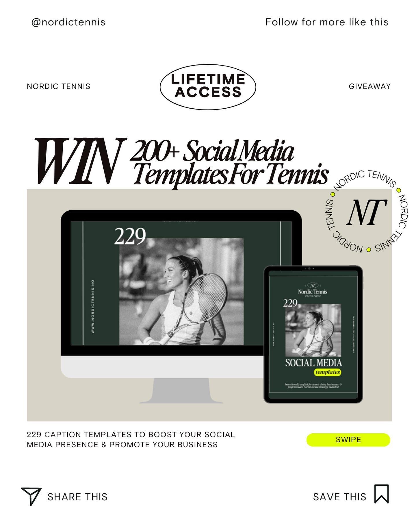 GIVEAWAY! 📣📣
Want to up your content game in 2023? Well, we have a treat for you! 

We&rsquo;re giving away lifetime access to 200+ social media caption templates to not one, but TWO lucky winners! 🎉 

To enter:
🎾 Follow @nordictennis
🎾 Tag a fr