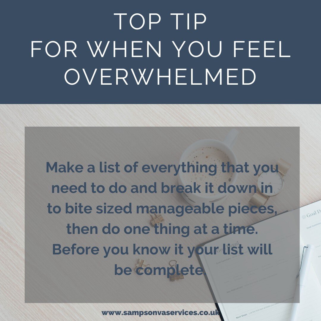 When you feel overwhelmed it can be easy to shut down and refuse to deal with anything, but not always an option. ⁠
⁠
Breaking down the things you need to do into bite-sized chunks helps enormously. ⁠
⁠
You may even leave yourself time to put your fe