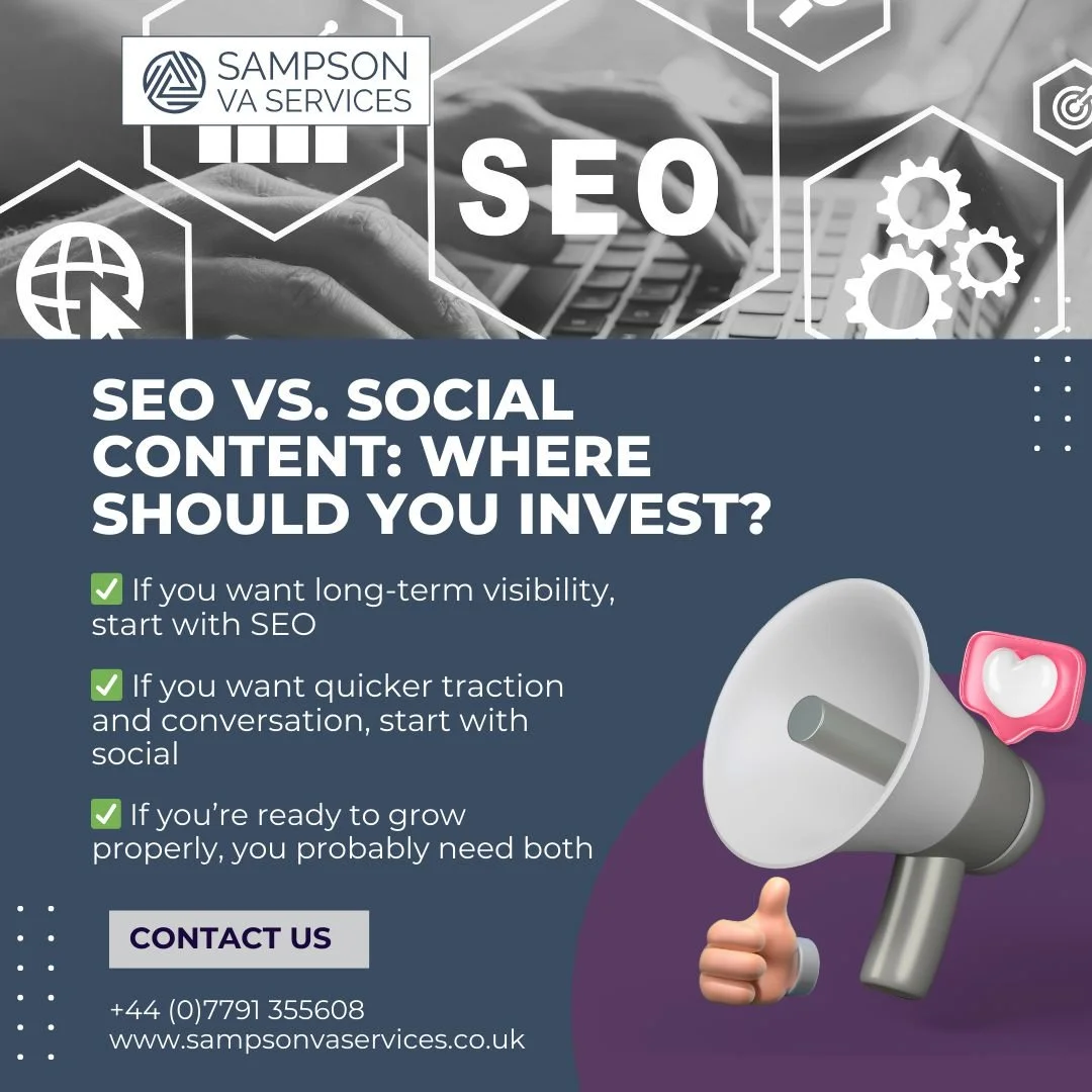 Trying to choose between SEO or social content?

Here&rsquo;s the thing&mdash;both are useful, but they do very different jobs.
SEO helps people find you. It&rsquo;s slower, but steady. Once it&rsquo;s working, it keeps bringing traffic without you n