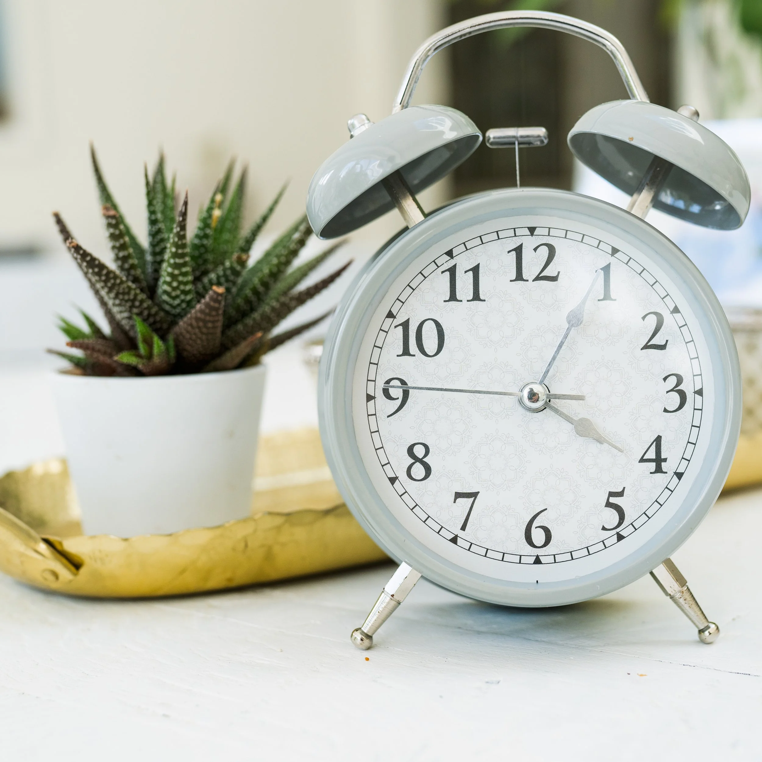 Light grey vintage alarm clock showing 9:05 beside a small potted succulent on a gold tray.