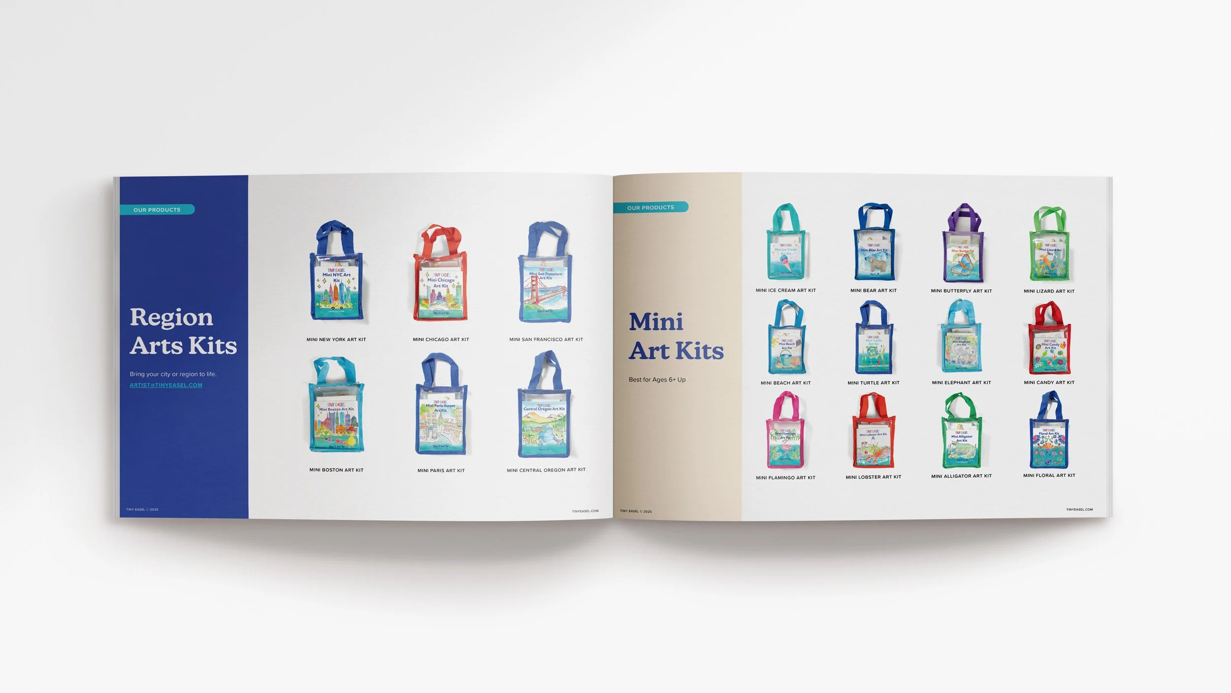 Open magazine displaying region arts kits with various colorful miniature art kits in tote bags, including names like Mini New York, Mini Chicago, Mini San Francisco, and others.