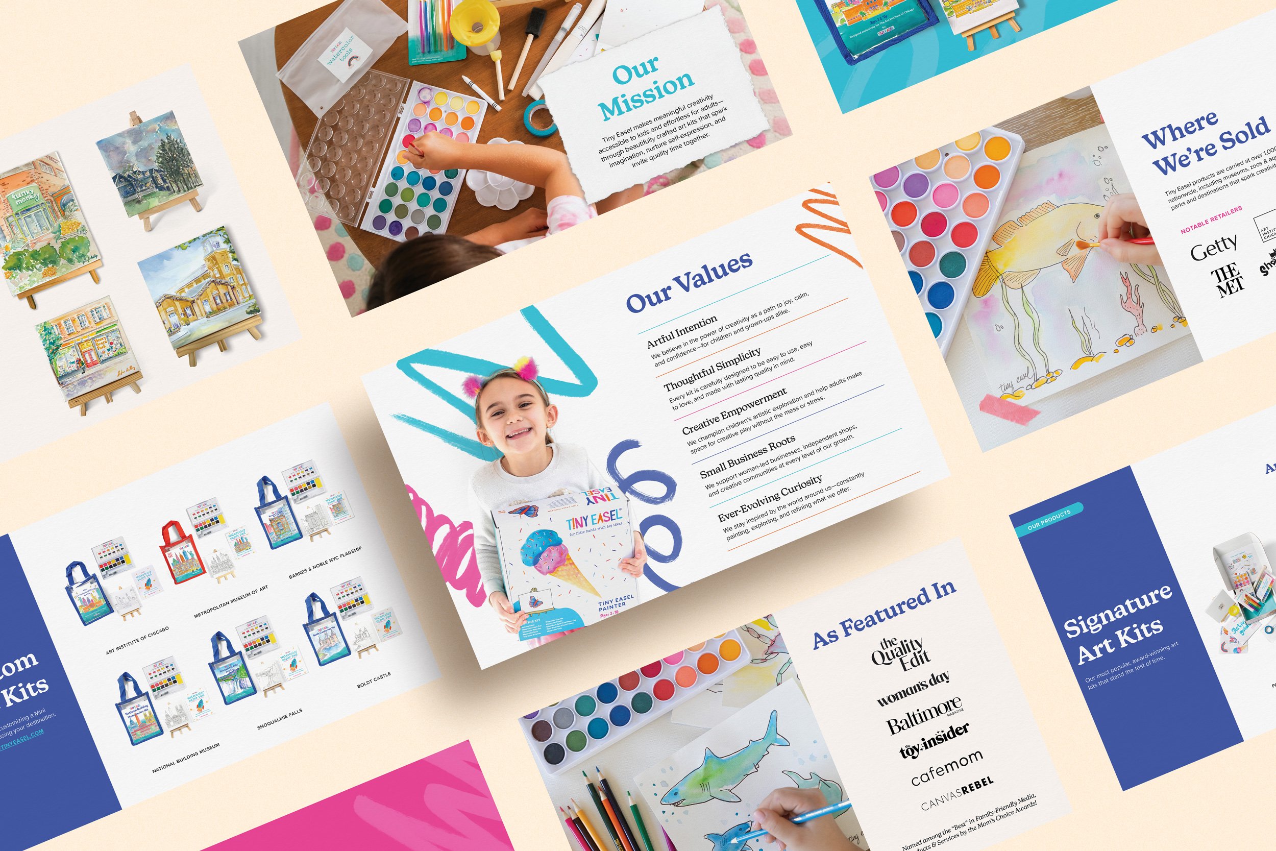 Brochure or flyer showcasing art supplies, children's artwork, and information about an art kit or program, with colorful designs and photographs of children creating art.
