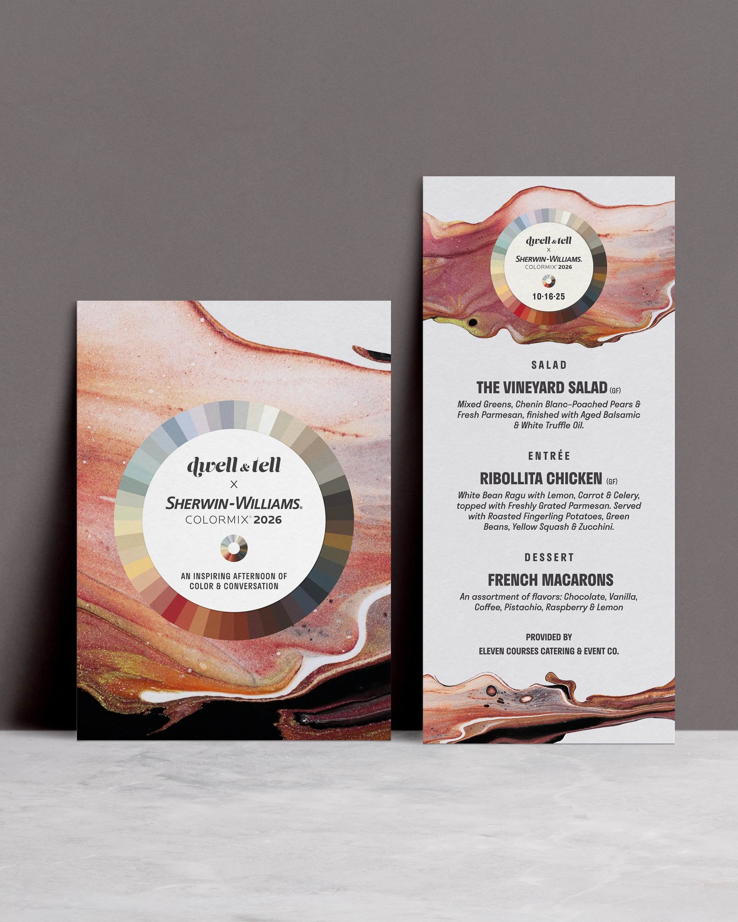 Event menu featuring a colorful abstract background with circular logo displaying 'duvall & tell x SHERWIN-WILLIAMS. COLORMIX 2026' and the phrase 'An inspiring afternoon of color & conversation.' Next to it, the detailed menu lists a vineyard salad, ribollita chicken, French macarons, and catering by Eleven Courses Catering & Event Co.
