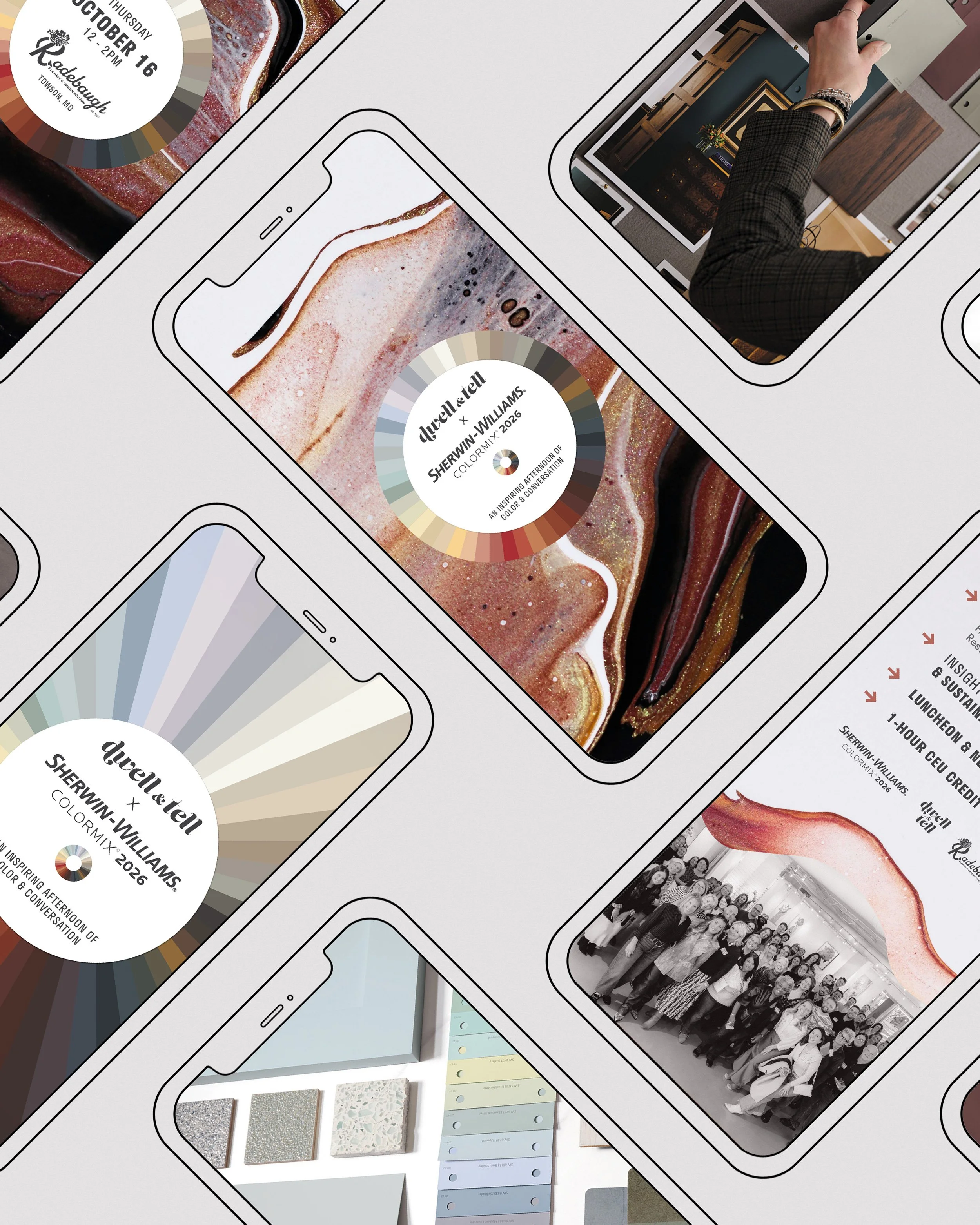 Multiple smartphone displays promoting a design event, featuring color swatches, interior design images, and a group photo of people at an event, with a marble patterned background.