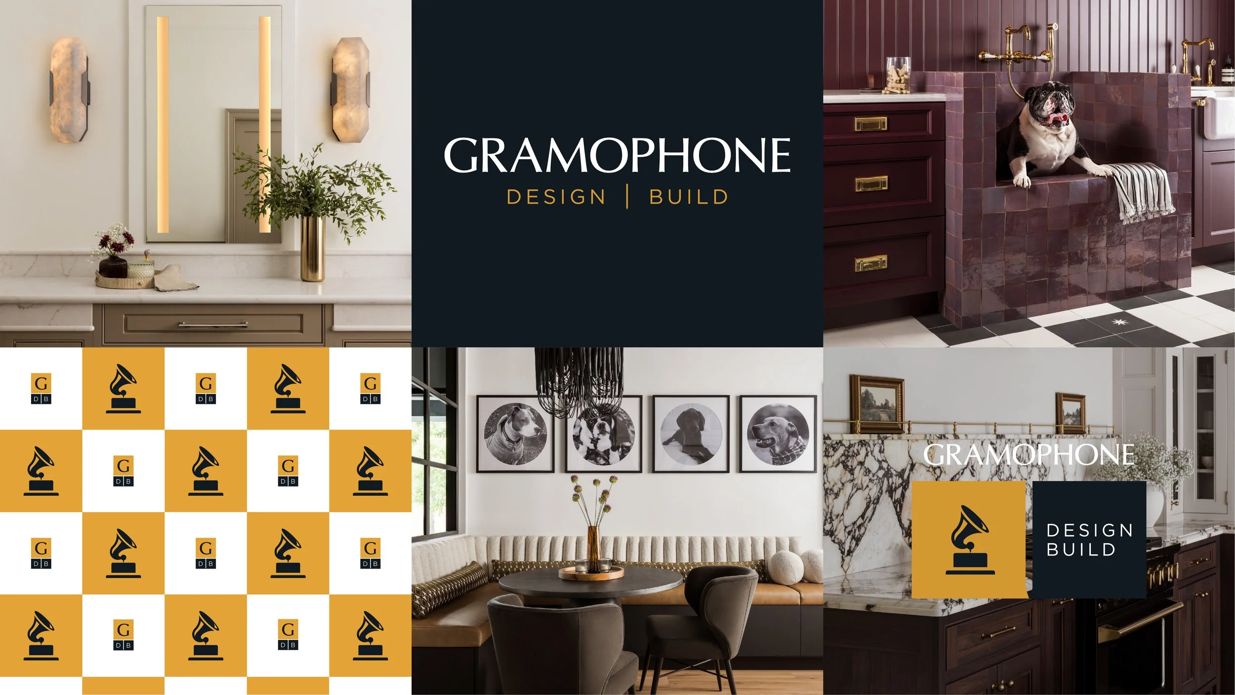 Collage of interior home design images featuring luxurious kitchens and living spaces with modern decor, dark wood cabinetry, marble countertops, and framed dog photos, accompanied by the text "GRAMOPHONE DESIGN | BUILD".